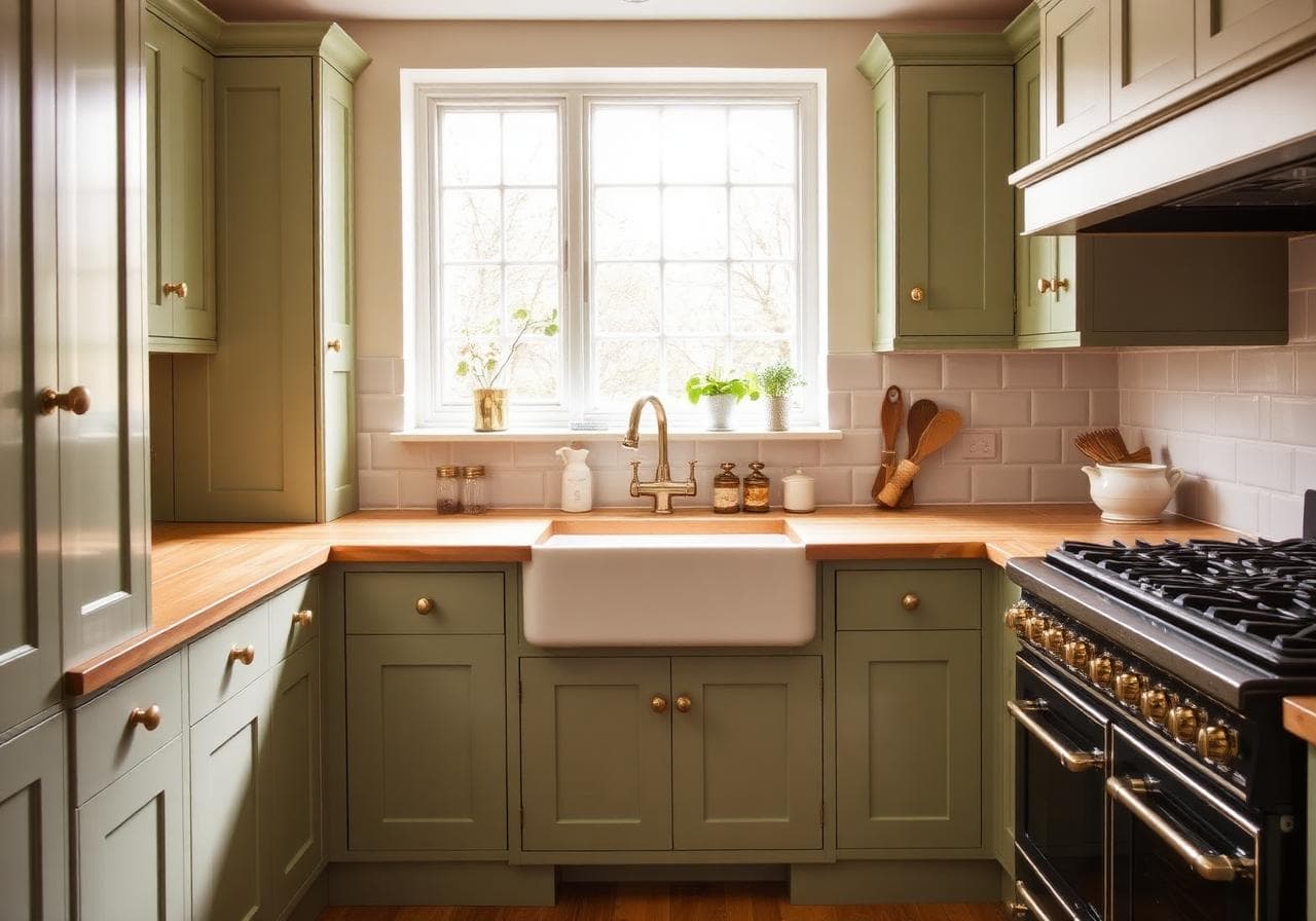 Traditional West London shaker kitchen refit in sage green with oak worktops and a ceramic farmhouse sink