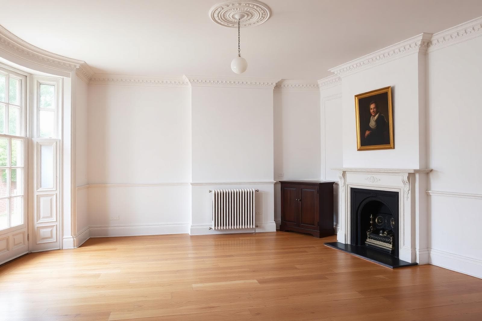 Finished living room in a Barnet period home renovation with restored cornicing and refinished oak floor